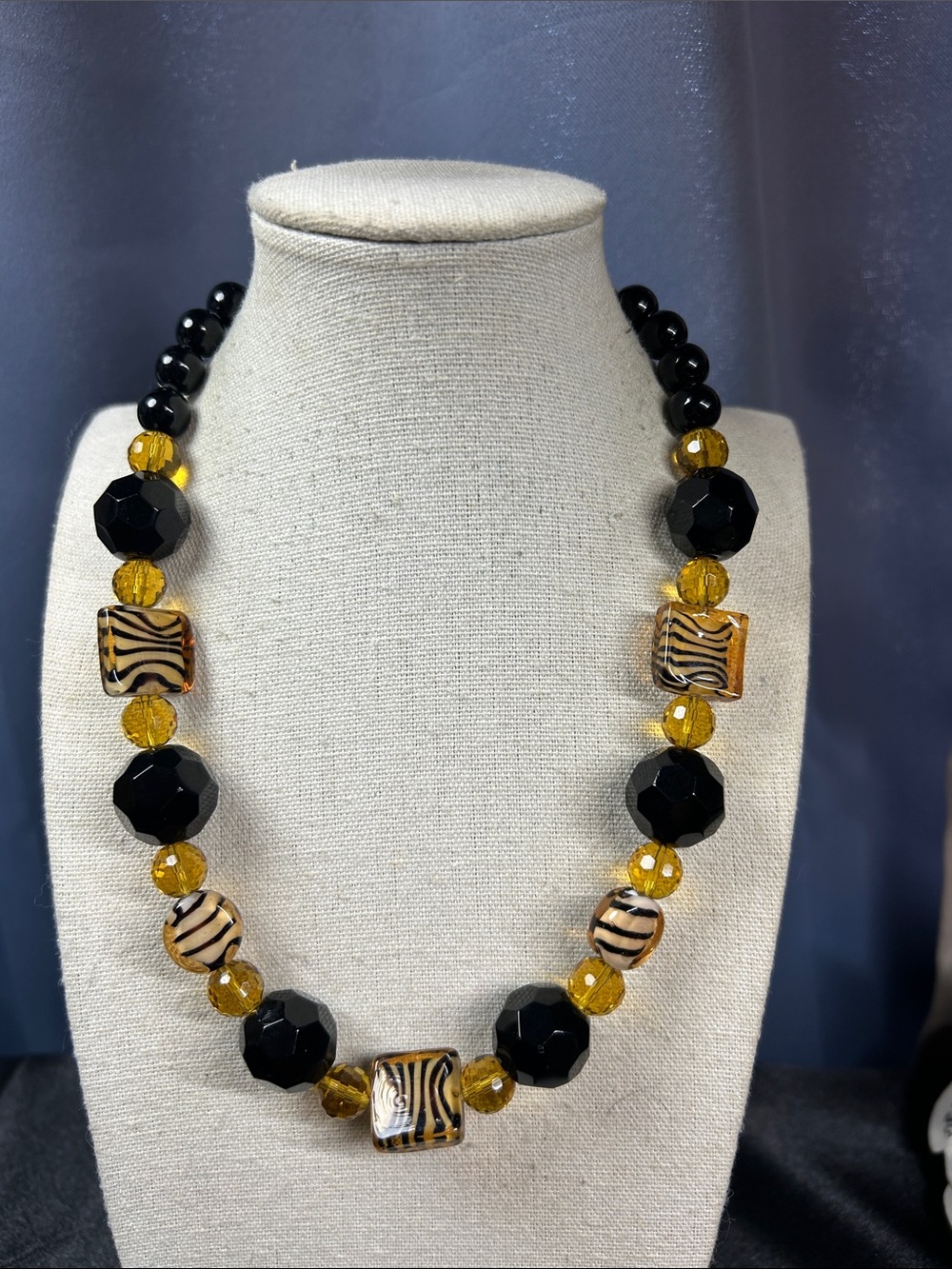 Black and Amber Glass Bead Statement Necklace